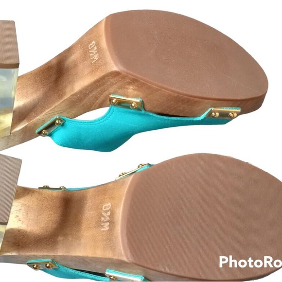 TRINA TURK Turquoise Suede Lucite Block Heel Wood Platform Mule Sandal 8.5 - Picture 10 of 10